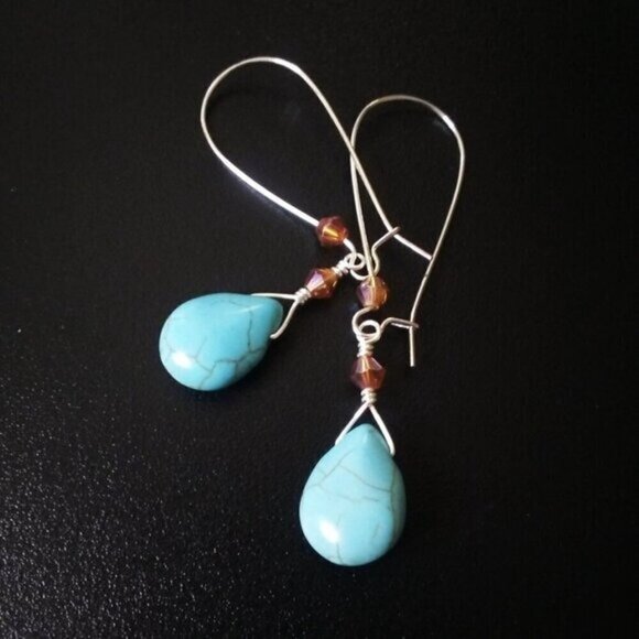 TROPICAL! Handmade Agate + Aqua Howlite! Necklace + Dangle Earrings Set! - Picture 2 of 16